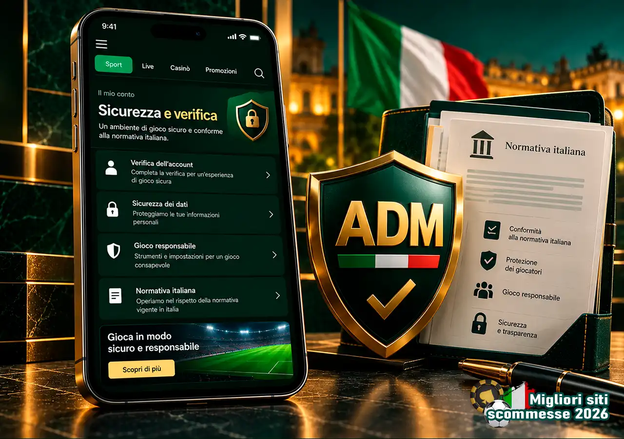 Bookmaker su mobile con scudo e documento per verificare lo status della concessione ADM.